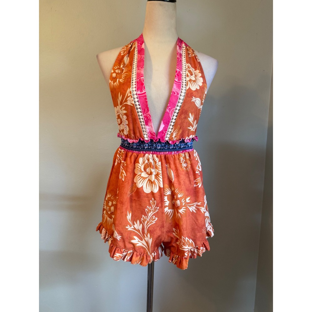 Agua Bendita Clark Rioja Floral Halter Romper Orange Pink revolve m boho resort